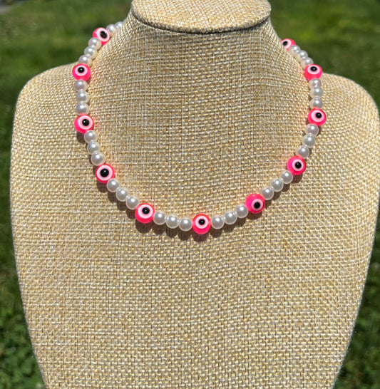 Pink Evil Eye/ Faux Pearl Necklace