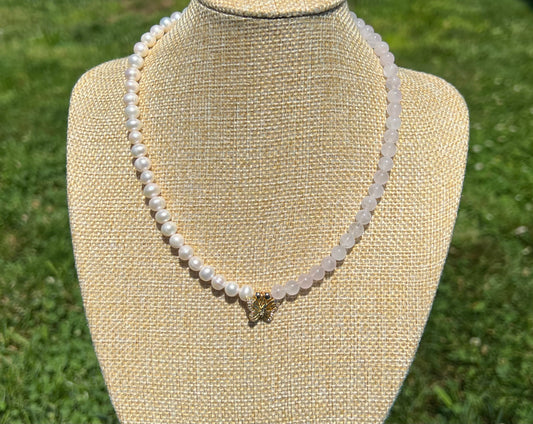 Rose Quartz & Fresh Water Pearl Butterfly Necklace