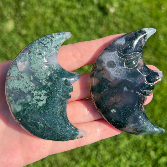 Moss Agate Moon Face Carving