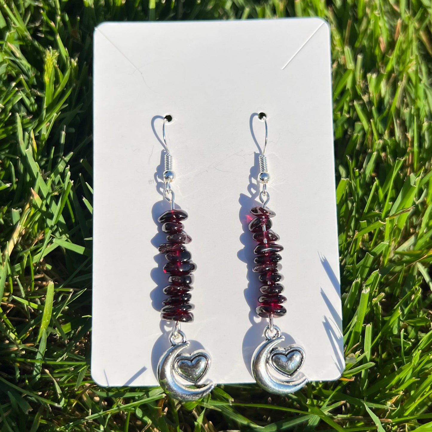 Garnet Heart Crescent Moon Earrings