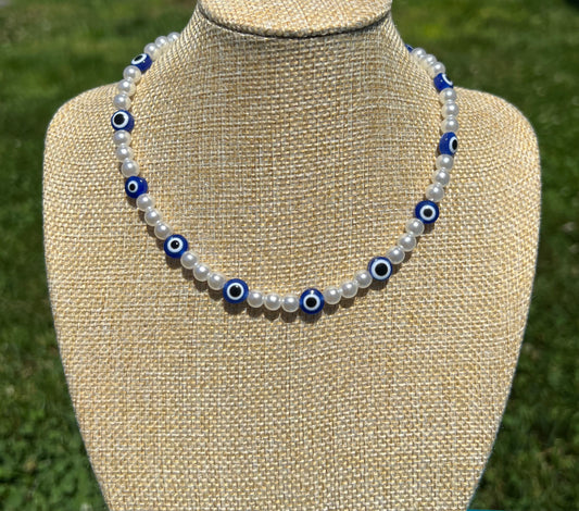 Blue Evil Eye/ Faux Pearl Necklace