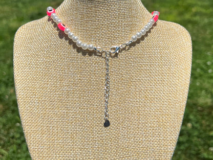 Pink Evil Eye/ Faux Pearl Necklace