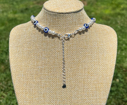 Blue Evil Eye/ Faux Pearl Necklace